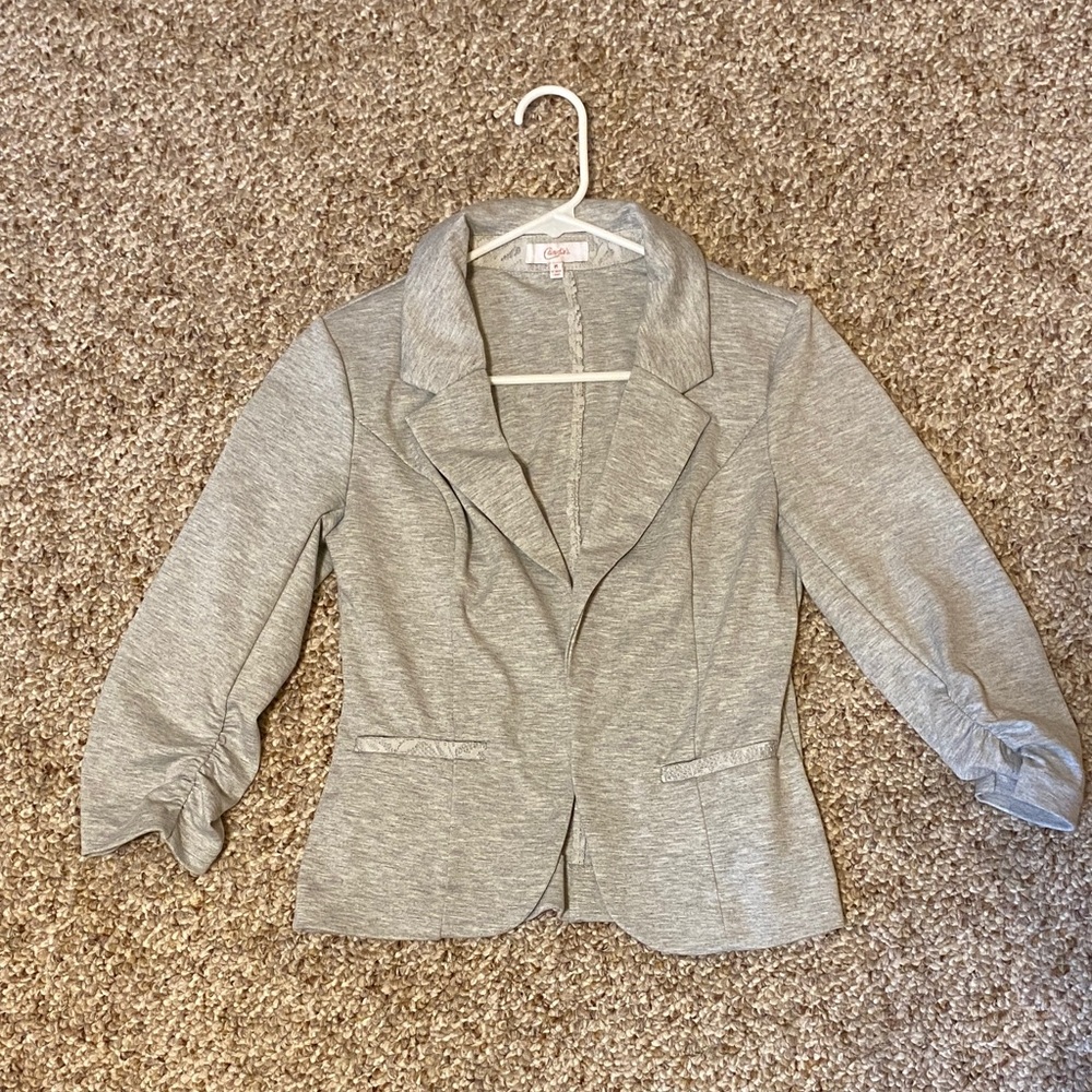 Candie’s Heather Gray Knit Blazer with Ruched Sleeves